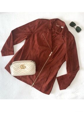 CHICO’S Faux Suede Long Double-Zip Moto Jacket Whiskey color size 2X GORGEOUS